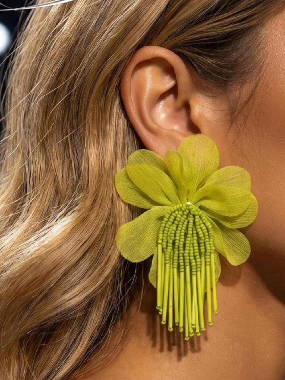 Lime Green Boho Women's Petal Tassel Fringe Beaded Dangle Earrings